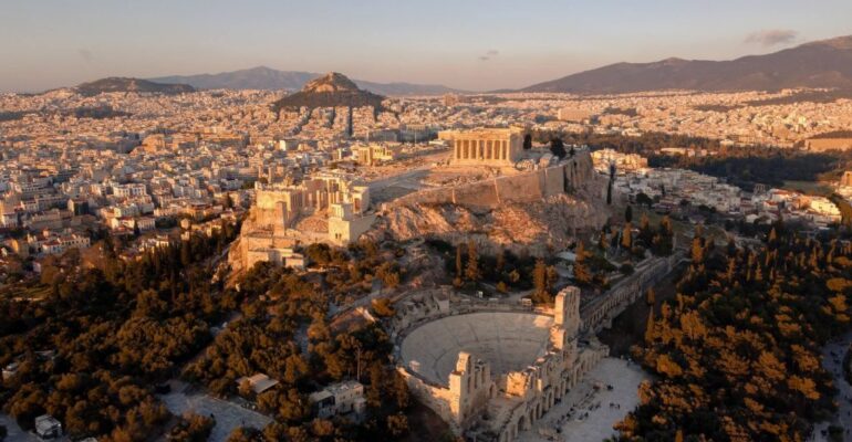 Aerial view of ancient Athens at sunset.