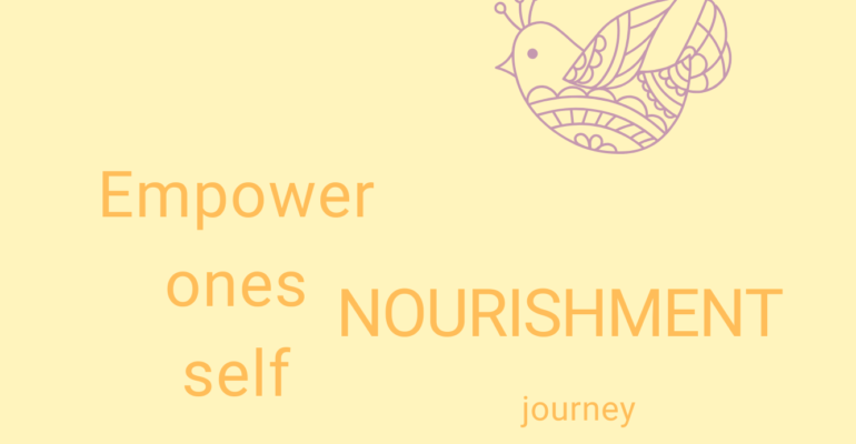Minimalist design with a bird and words about empowerment and nourishment.